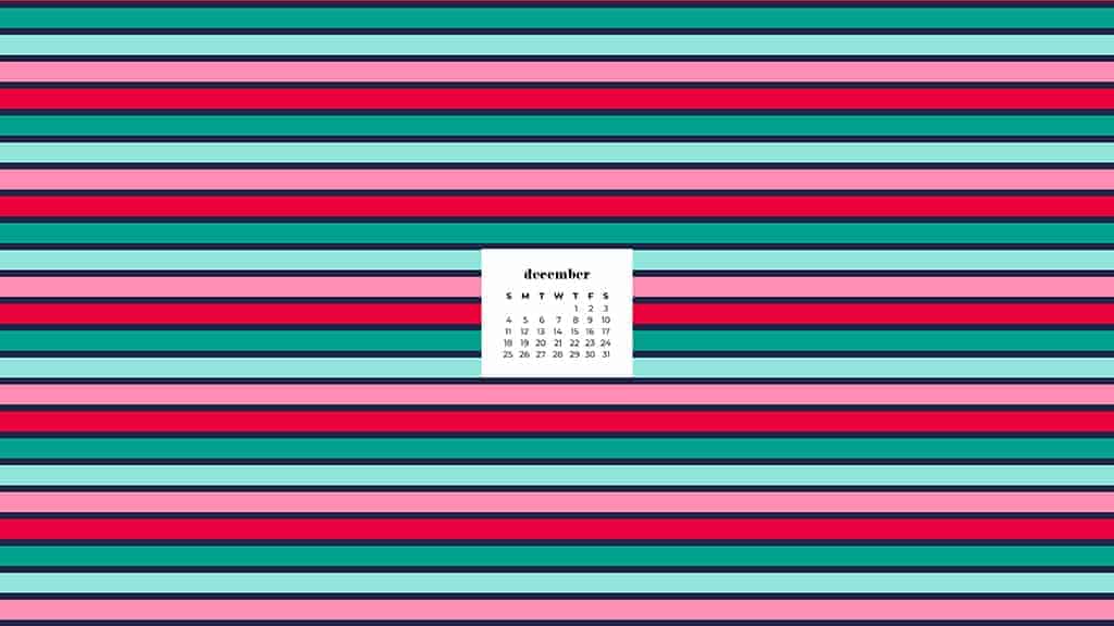 red, pink, green, and turquoise stripes on navy with december calendar