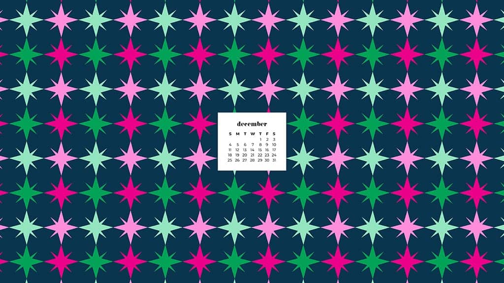 vintage starburst pattern in pinks and greens on navy background with december calendar