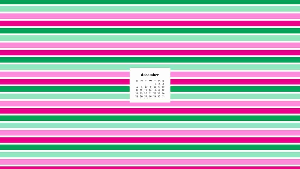red, pink, green, and turquoise stripes on white with december calendar 