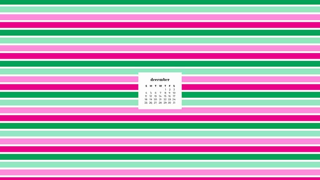 red, pink, green, and turquoise stripes on white with december calendar 