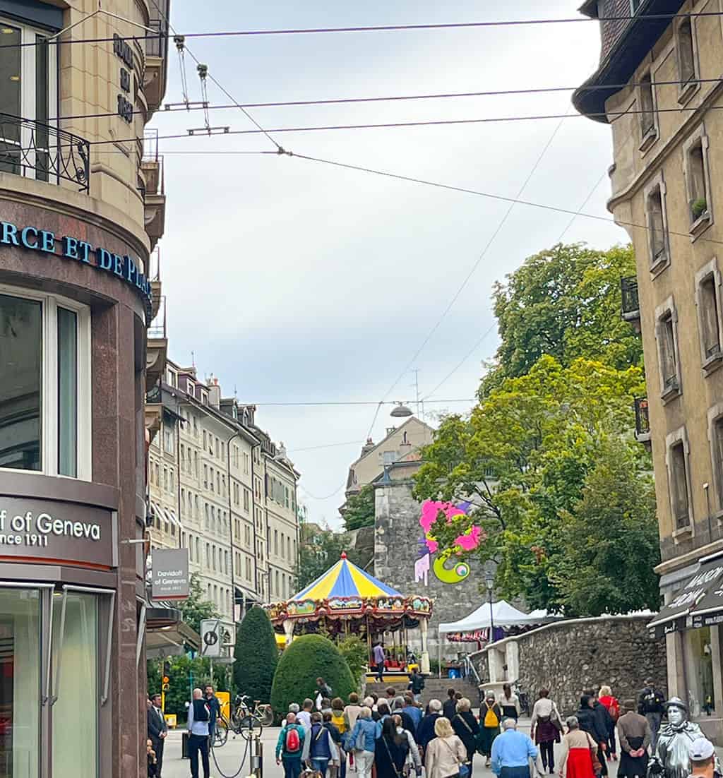 Geneva Geneva old town area carousel and church 