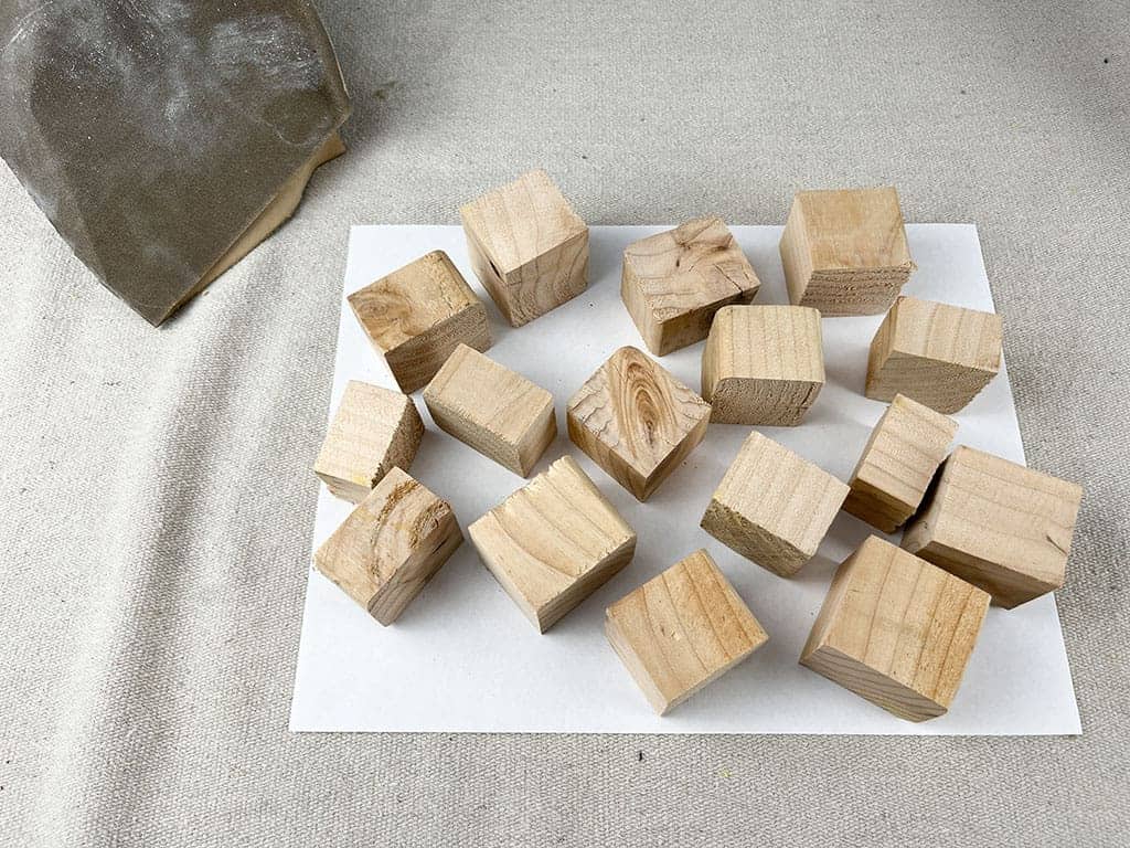 cut wood block bases for diy bottle brush trees