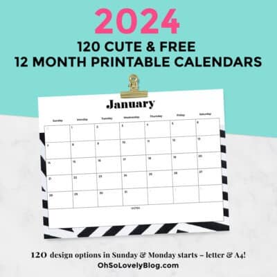 FREE 2024 CALENDARS — 120 PRINTABLE OPTIONS— SUNDAY &#038; MONDAY STARTS, Oh So Lovely Blog