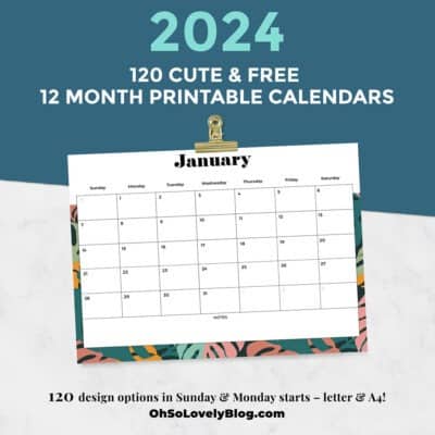 FREE 2024 CALENDARS — 120 PRINTABLE OPTIONS— SUNDAY &#038; MONDAY STARTS, Oh So Lovely Blog