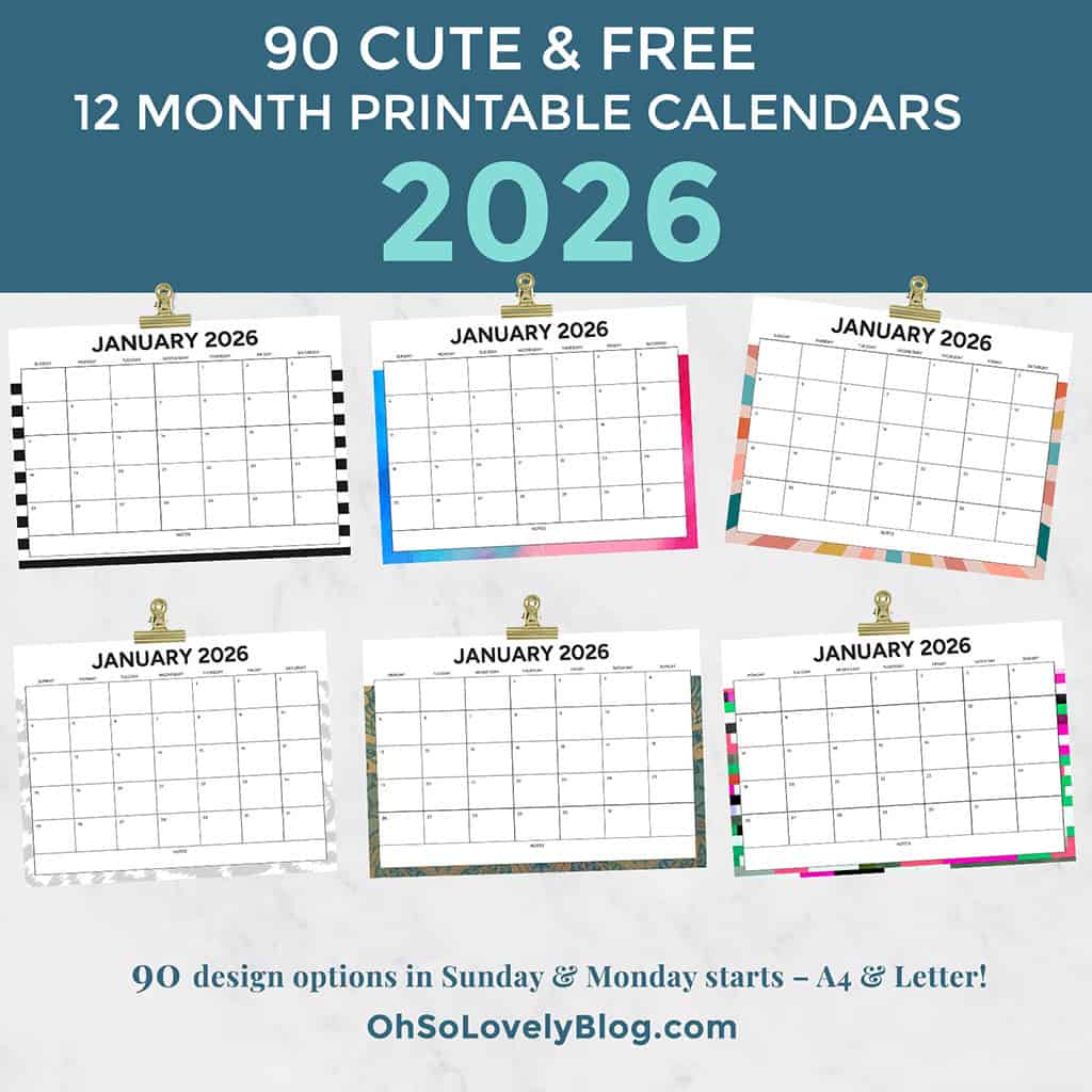 Free 2026 Calendars — 90 Printable Options — Sunday &amp; Monday Starts, Oh So Lovely Blog