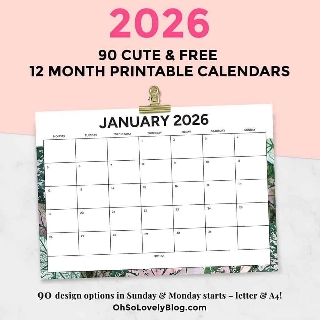 Free 2026 Calendars — 90 Printable Options — Sunday &amp; Monday Starts, Oh So Lovely Blog