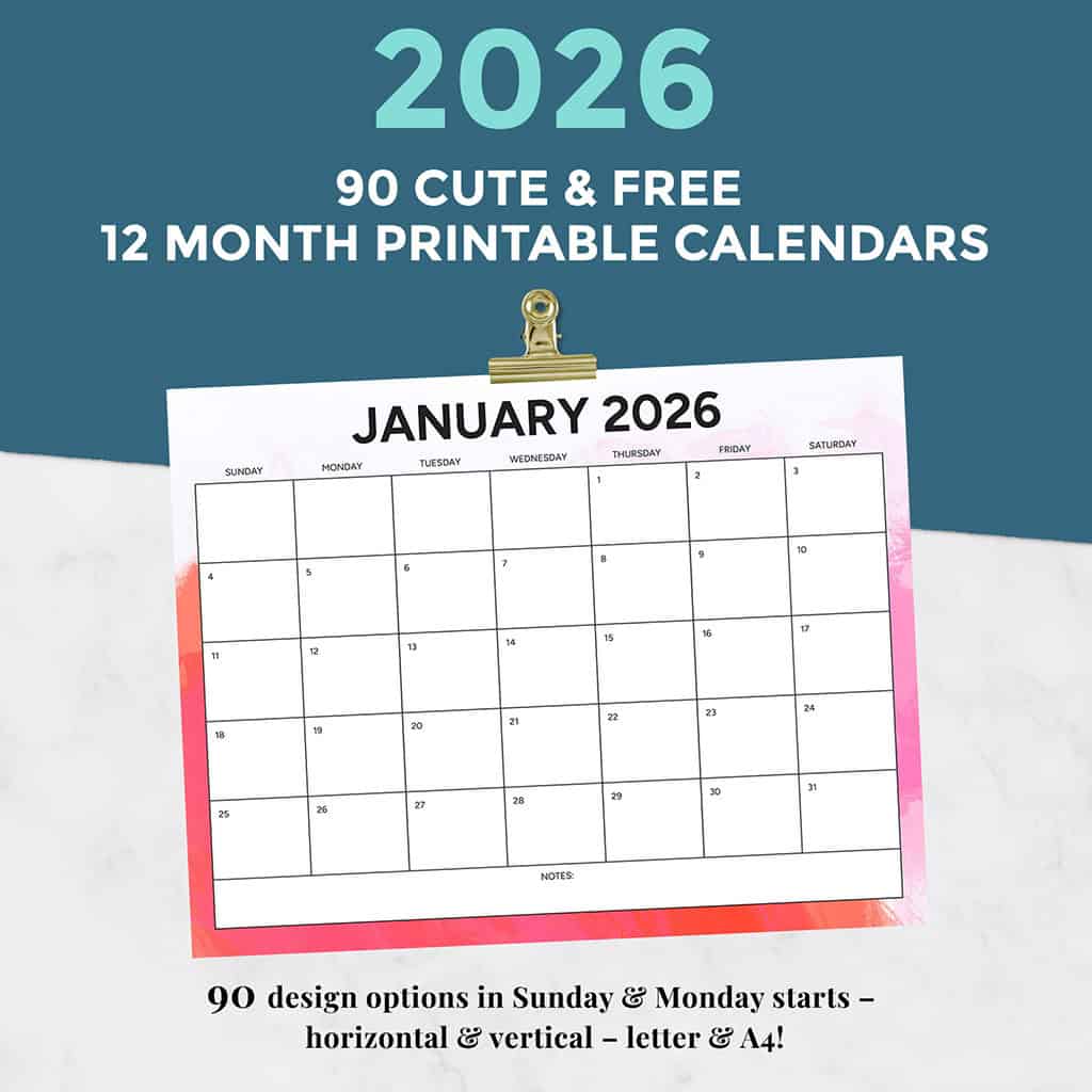 Free 2026 Calendars — 90 Printable Options — Sunday &amp; Monday Starts, Oh So Lovely Blog