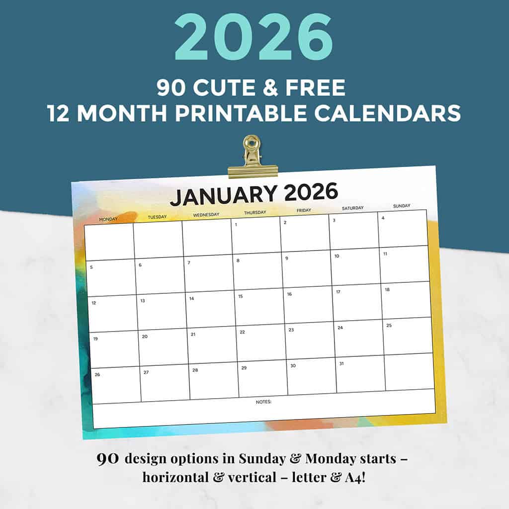 Free 2026 Calendars — 90 Printable Options — Sunday &amp; Monday Starts, Oh So Lovely Blog